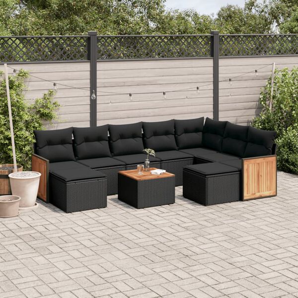 vidaXL 10 Piece Garden Sofa Set with Cushions Black Poly Rattan
