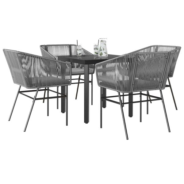 vidaXL 5 Piece Garden Dining Set with Cushions Grey Poly Rattan Glass
