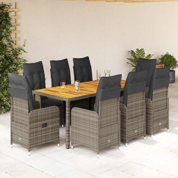 vidaXL 9 Piece Garden Bistro Set with Cushions Grey Poly Rattan