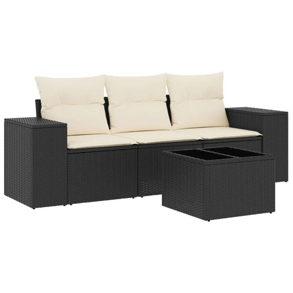 vidaXL 4 Piece Garden Sofa Set with Cushions Black Poly Rattan