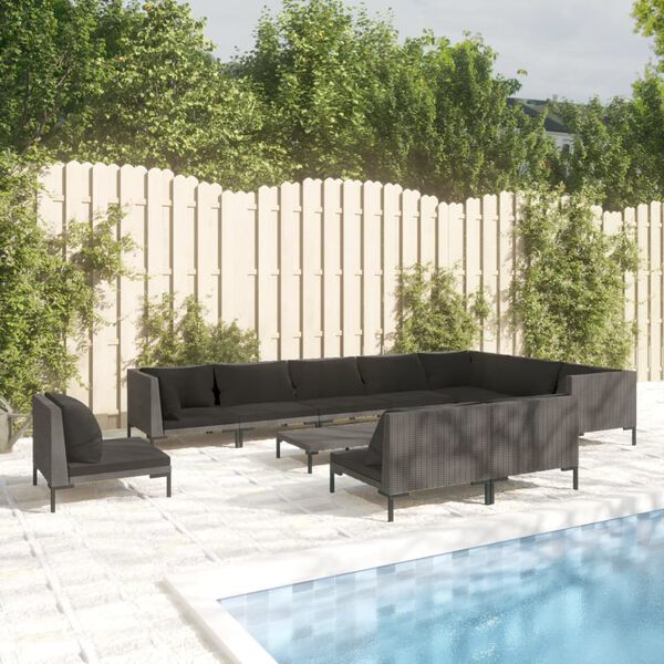 vidaXL 11 Piece Garden Lounge Set with Cushions Poly Rattan Dark Grey