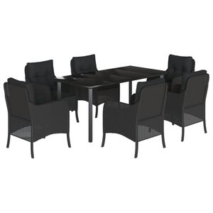 vidaXL 7 Piece Garden Dining Set with Cushions Black Poly Rattan