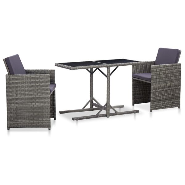 vidaXL 3 Piece Bistro Set with Cushions Poly Rattan Grey