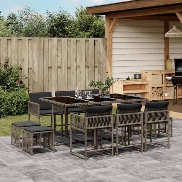 vidaXL 11 Piece Garden Dining Set with Cushions Grey Poly Rattan