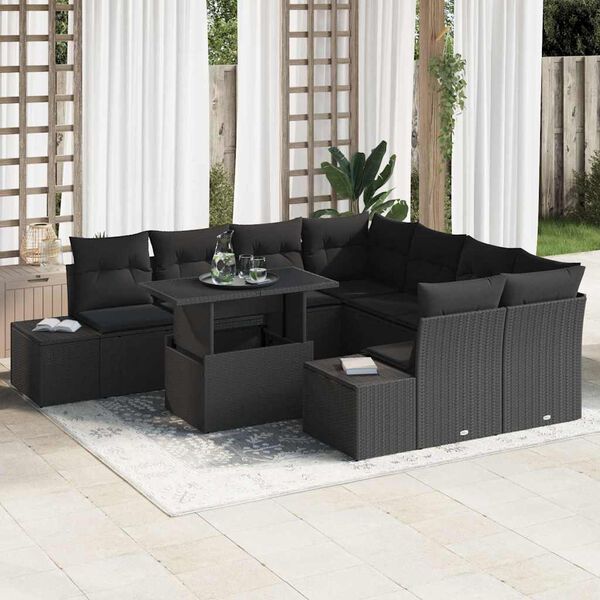vidaXL Garden Sofa Set with Cushion 9 pcs Black Poly Rattan