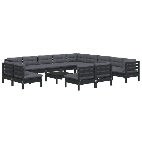 vidaXL 14 Piece Garden Lounge Set with Cushions Black Solid Pinewood