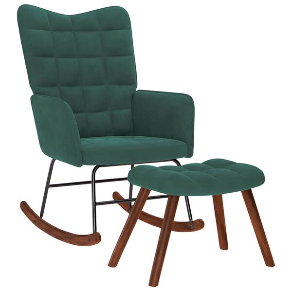 vidaXL Rocking Chair with Stool Dark Green Velvet