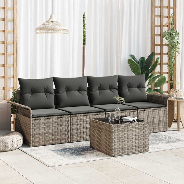 vidaXL Sofa Set with Cushion 5 pcs Grey Poly Rattan