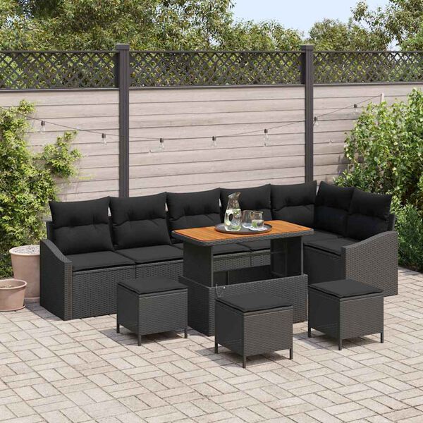 vidaXL Garden Sofa Set with Cushion 10 pcs Black Poly Rattan