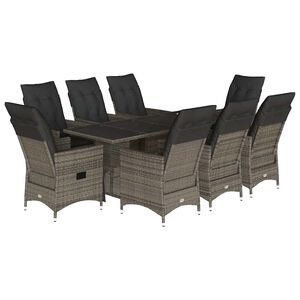 vidaXL 9 Piece Garden Dining Set with Cushions Grey Poly Rattan