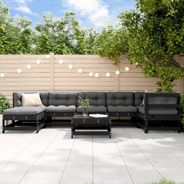 vidaXL 8 Piece Garden Lounge Set with Cushions Black Solid Wood