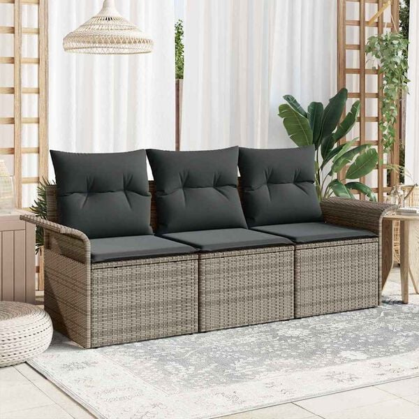 vidaXL Garden Sofa Set with Cushion 3 pcs Grey Poly rattan