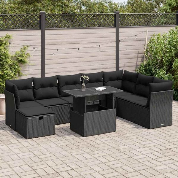 vidaXL 9 Piece Garden Sofa Set with Cushions Black Poly Rattan