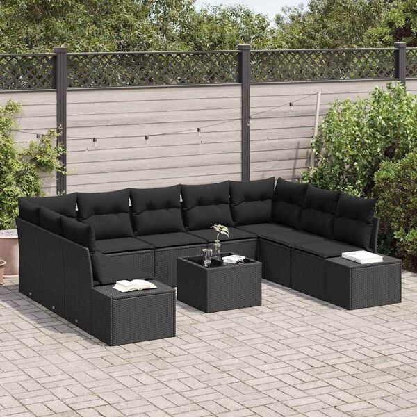 vidaXL Garden Sofa Set with Cushion 9 pcs Black Poly Rattan