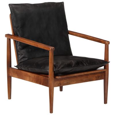 vidaXL Armchair Black Real Leather and Solid Wood Acacia