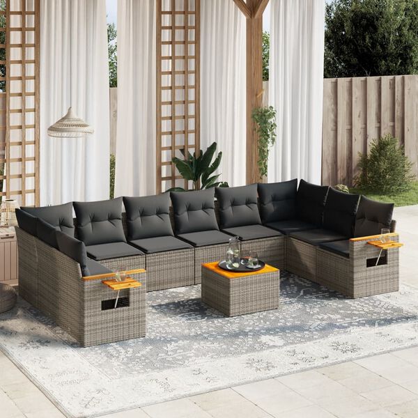 vidaXL 11 Piece Garden Sofa Set with Cushions Grey Poly Rattan