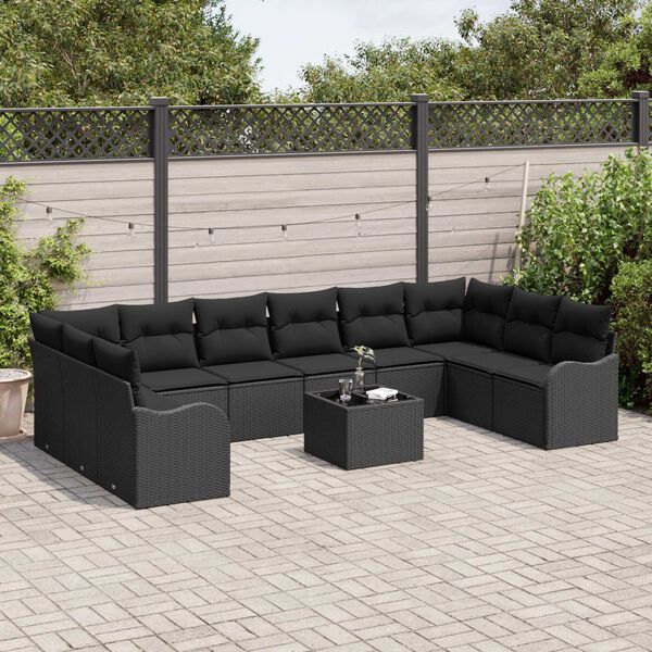vidaXL Garden Sofa Set with Storage 11 pcs Black Poly Rattan