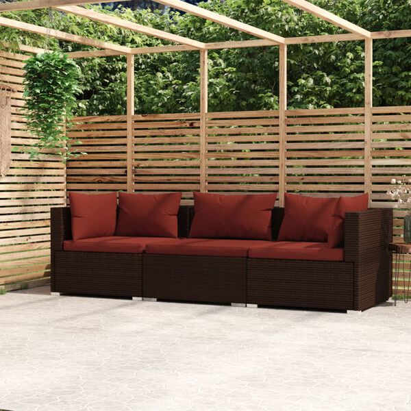 vidaXL 3-Seater Sofa with Cushions Brown Poly Rattan