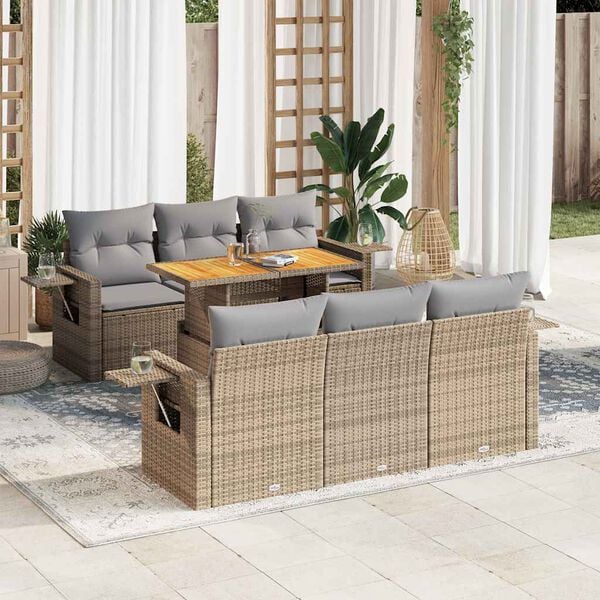 vidaXL 7 Piece Garden Sofa Set with Cushions Beige Poly Rattan