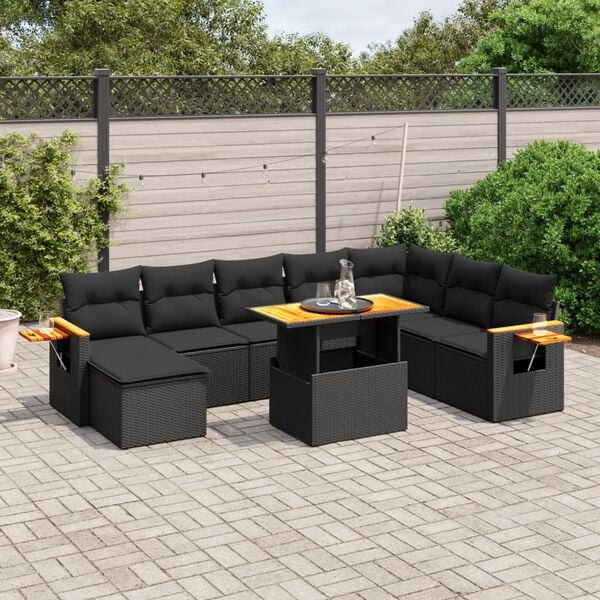 vidaXL 9 Piece Garden Sofa Set with Cushions Black Poly Rattan Acacia