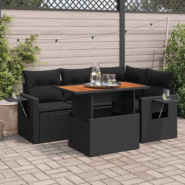 vidaXL 5 Piece Garden Sofa Set with Cushions Black Poly Rattan