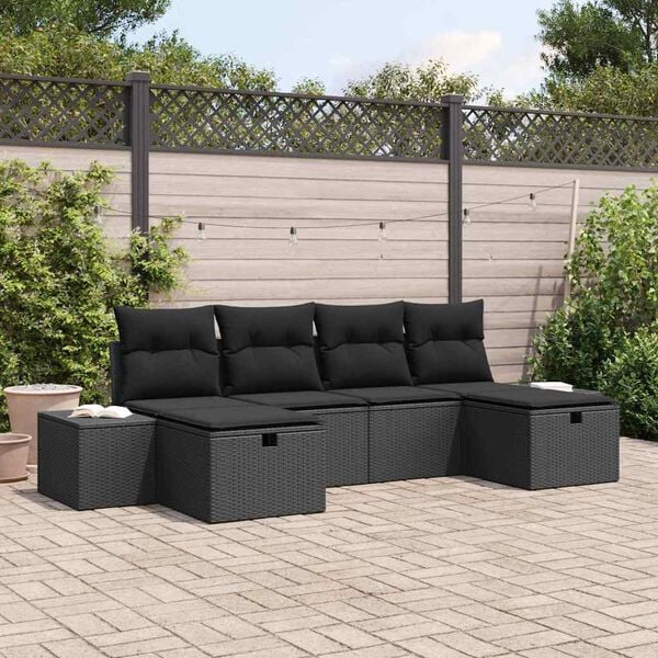 vidaXL Garden Sofa Set with Cushion 6 pcs Black Poly Rattan
