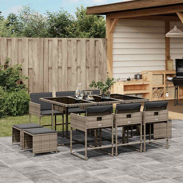 vidaXL 11 Piece Garden Dining Set with Cushions Grey Poly Rattan