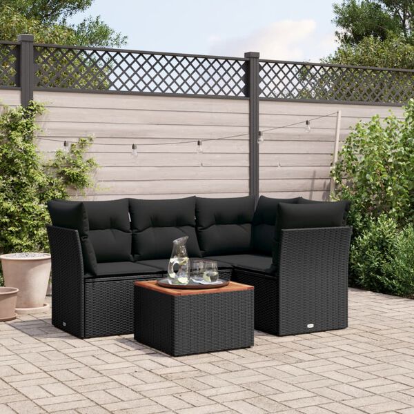 vidaXL 5 Piece Garden Sofa Set with Cushions Black Poly Rattan