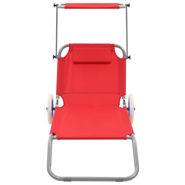 vidaXL Folding Sun Lounger with Canopy and Wheels Steel Red