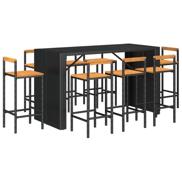 vidaXL 9 Piece Garden Bar Set Black Poly Rattan& Solid Wood Acacia