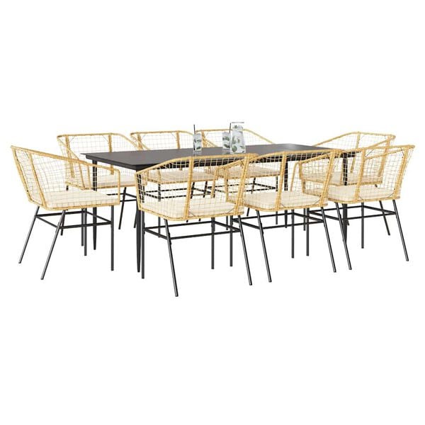 vidaXL 9 Piece Garden Dining Set with Cushions Brown Poly Rattan Glass