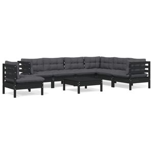 vidaXL 8 Piece Garden Lounge Set with Cushions Black Solid Pinewood
