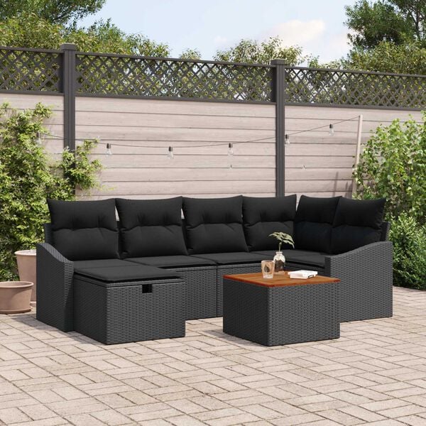 vidaXL Garden Sofa Set with Cushion 7 pcs Black Poly rattan