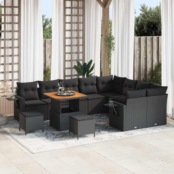 vidaXL Garden Sofa Set Height-Adjustable 12 pcs Black Poly Rattan