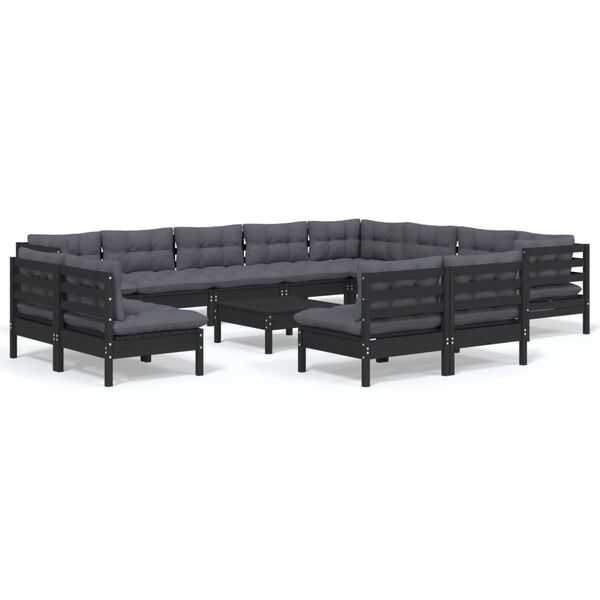 vidaXL 13 Piece Garden Lounge Set with Cushions Black Solid Pinewood