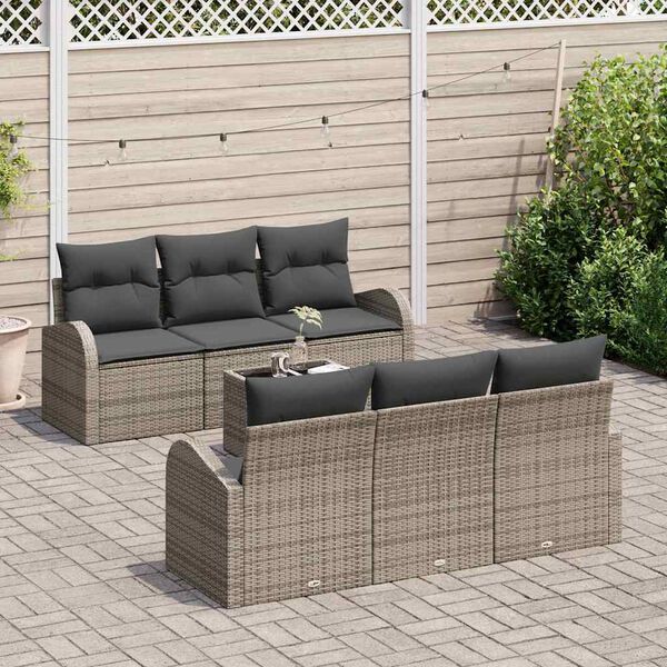 vidaXL Garden Sofa Set with Storage with Pillow 7 pcs Grey Poly Rattan