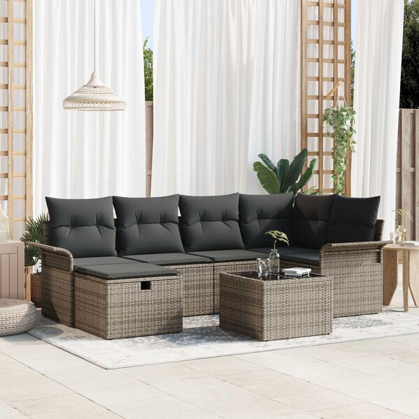 vidaXL Garden Sofa Set with Cushion 7 pcs Grey Poly rattan