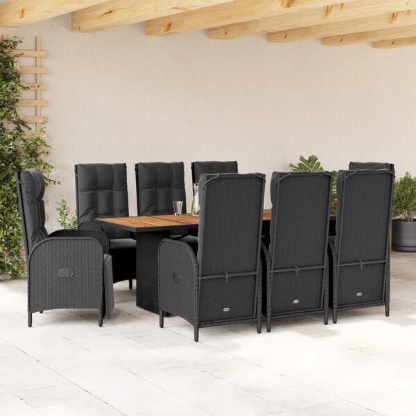 vidaXL 9 Piece Garden Dining Set with Cushions Black Poly Rattan