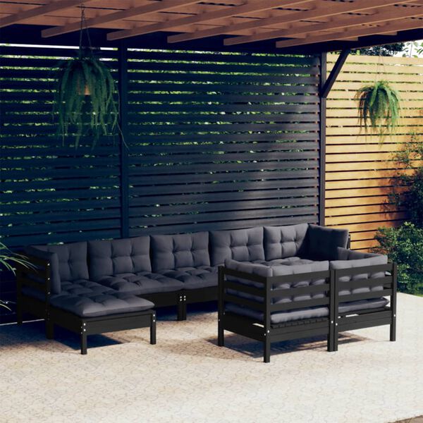 vidaXL 9 Piece Garden Lounge Set with Cushions Black Solid Pinewood