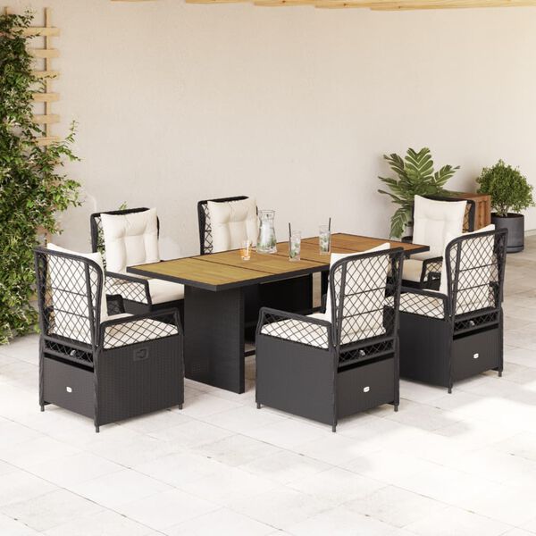 vidaXL 7 Piece Garden Dining Set with Cushions Black Poly Rattan