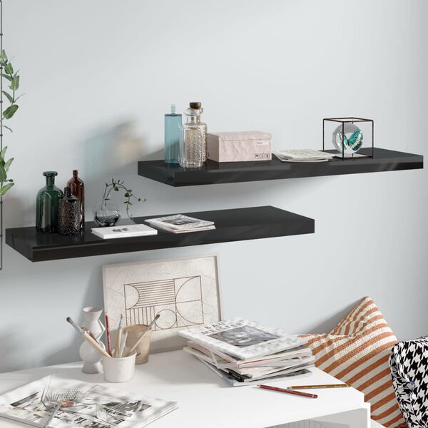 vidaXL Floating Wall Shelves 2 pcs High Gloss Black 80x23.5x3.8 cm MDF