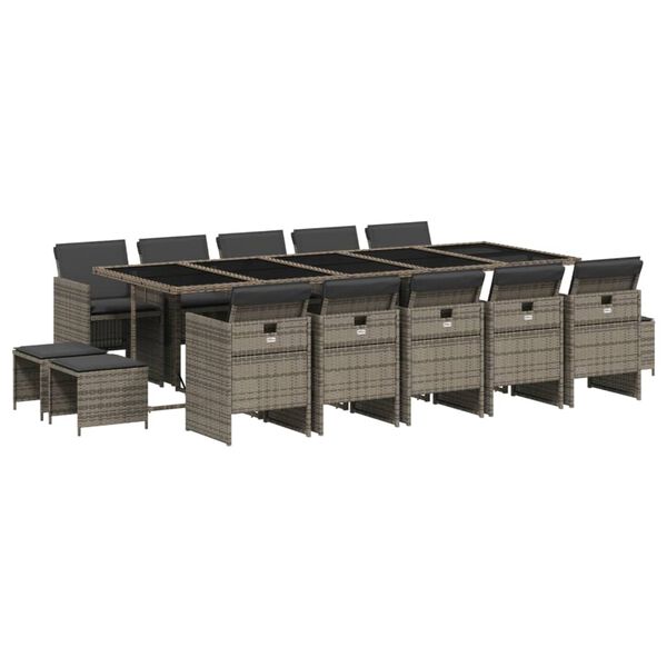 vidaXL 15 Piece Garden Dining Set with Cushions Grey Poly Rattan