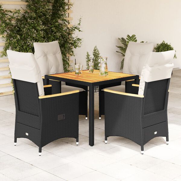 vidaXL 5 Piece Garden Dining Set with Cushions Black Poly Rattan