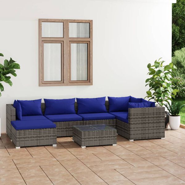 vidaXL 7 Piece Garden Lounge Set with Cushions Poly Rattan Grey
