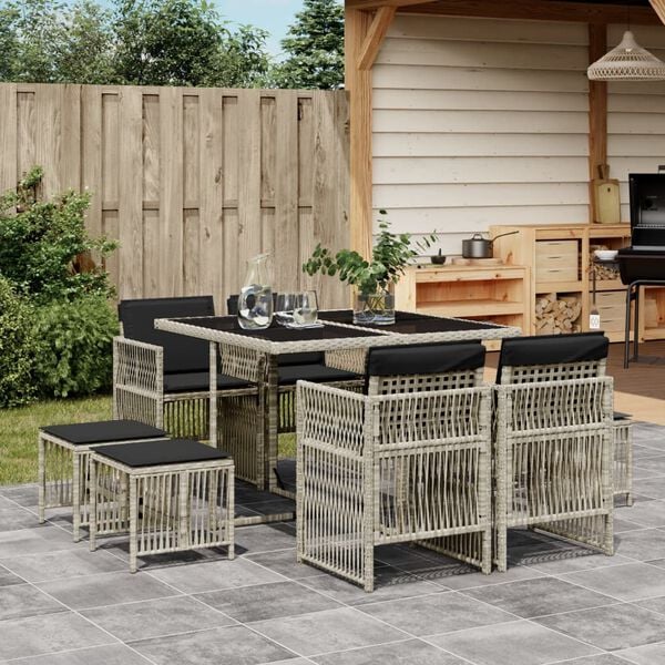 vidaXL 9 Piece Garden Dining Set with Cushions Light Grey Poly Rattan