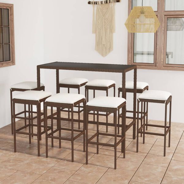 vidaXL 9 Piece Garden Bar Set with Cushions Poly Rattan Brown