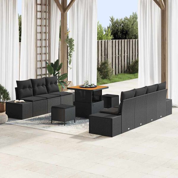 vidaXL Garden Sofa Set with Cushion 10 pcs Black Poly Rattan