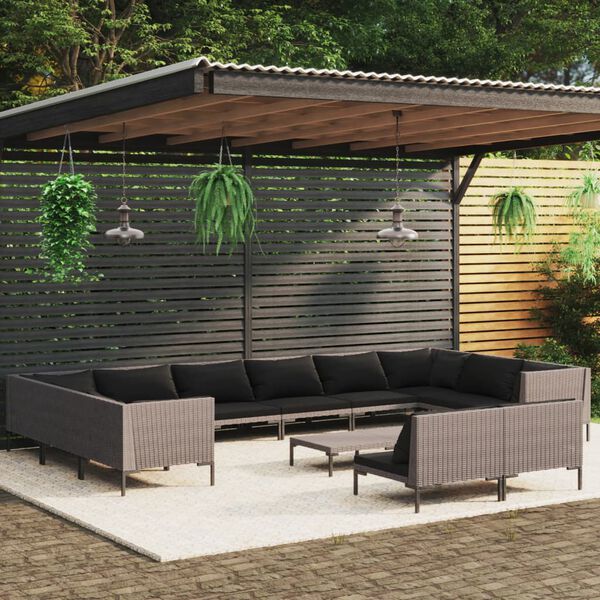 vidaXL 13 Piece Garden Lounge Set with Cushions Poly Rattan Dark Grey