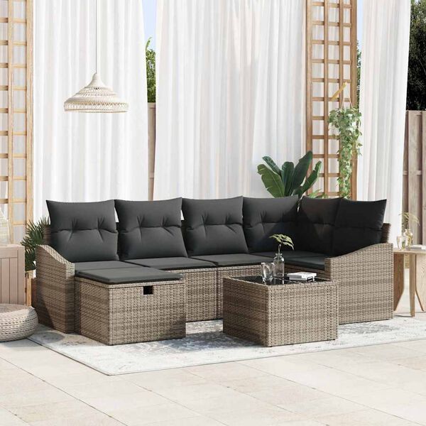 vidaXL Sofa Set with Cushion with Storage Grey Poly Rattan