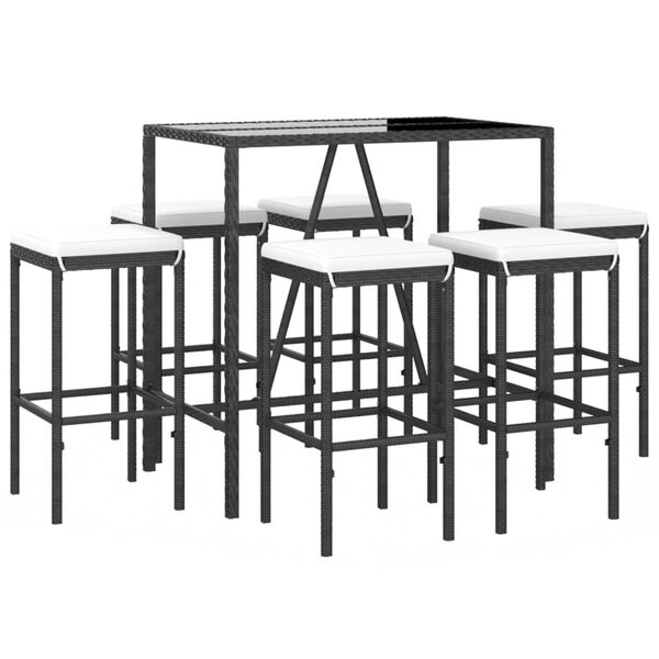 vidaXL 7 Piece Garden Bar Set with Cushions Black Poly Rattan